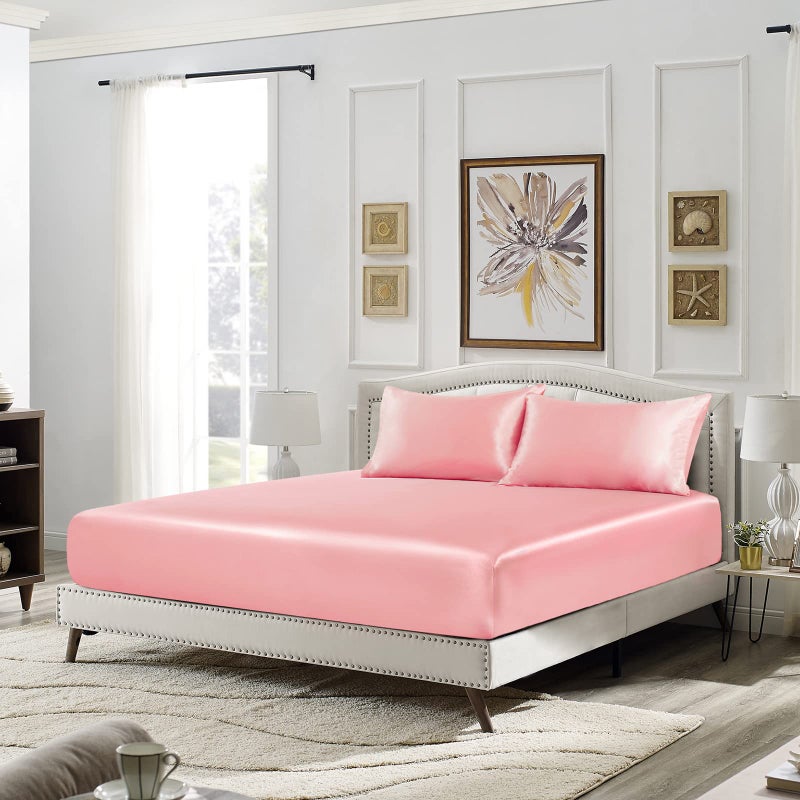 SiinvdaBZX 3-Piece Set Satin Twin Fitted Sheet & 2 Pillowcase  Blush Pink Silky Soft Fitted Bottom Sheet  Wrinkle Free  Fade Resistant  Deep Pocket Bed Sheet (Deep Up to 15"") - Image 4